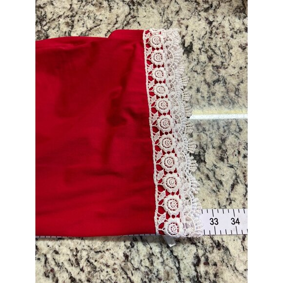 Distinct Red Tunic Top Large Lace Trim 3/4 Sleeve Split Neck Blouse Boho Chic - Picture 7 of 8